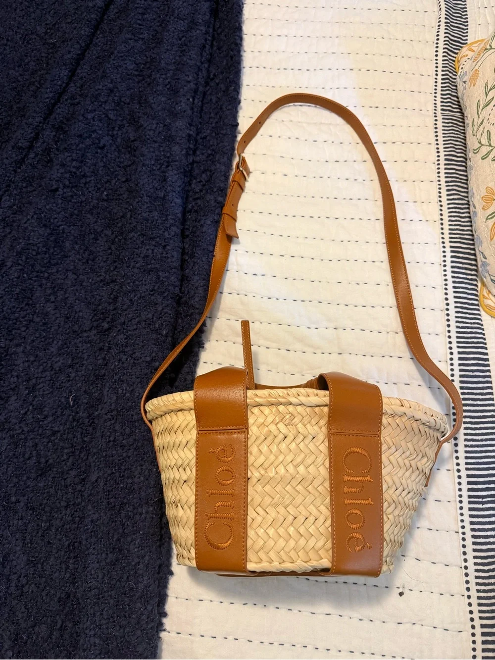 Chloé Raffia Basket Tote with Tan Leather Trim & Crossbody Strap